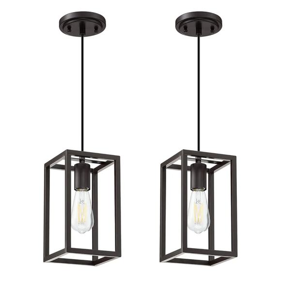 2 Pack Rustic Modern Farmhouse Pendant Lights Oil Rubbed Brown Cage Fixture - Picture 1 of 4